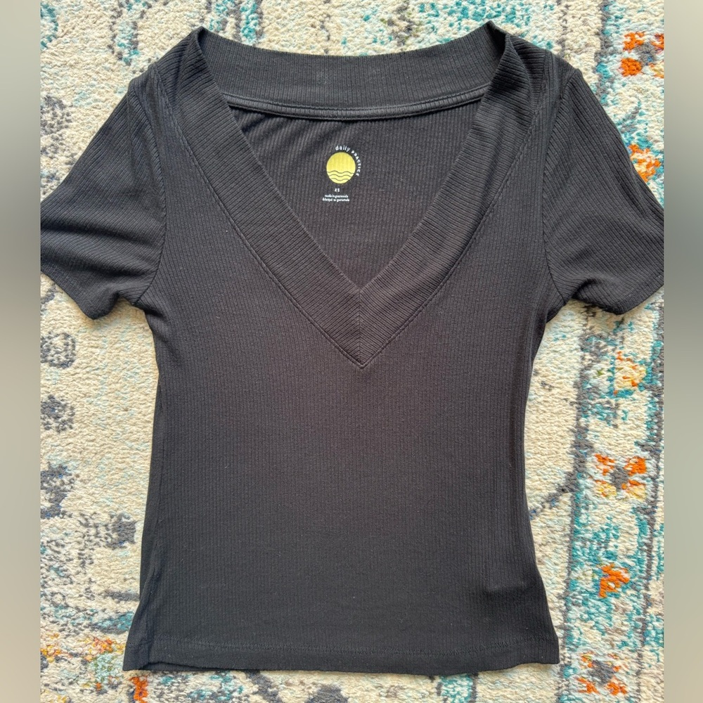 Anthropologie Daily Practice Black V-Neck Ribbed Women's Top
